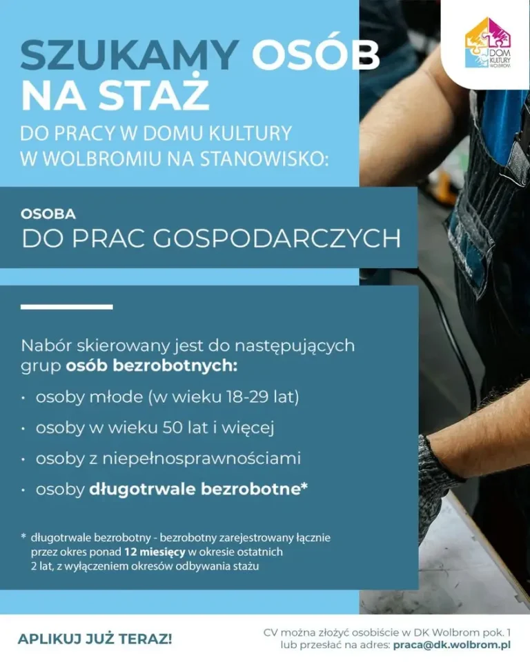 Staż w Domu Kultury w Wolbromiu – nabór na pracownika gospodarczego
