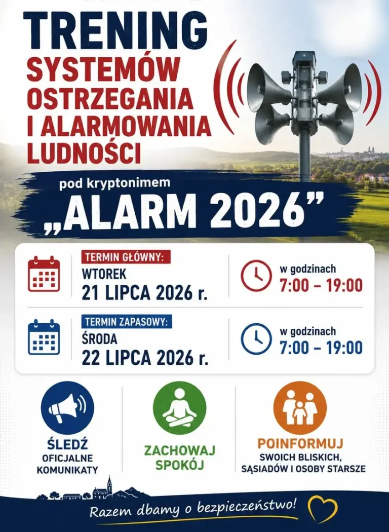 Ćwiczenia systemów alarmowania w Gminie Trzyciąż – 21-22 lipca 2026