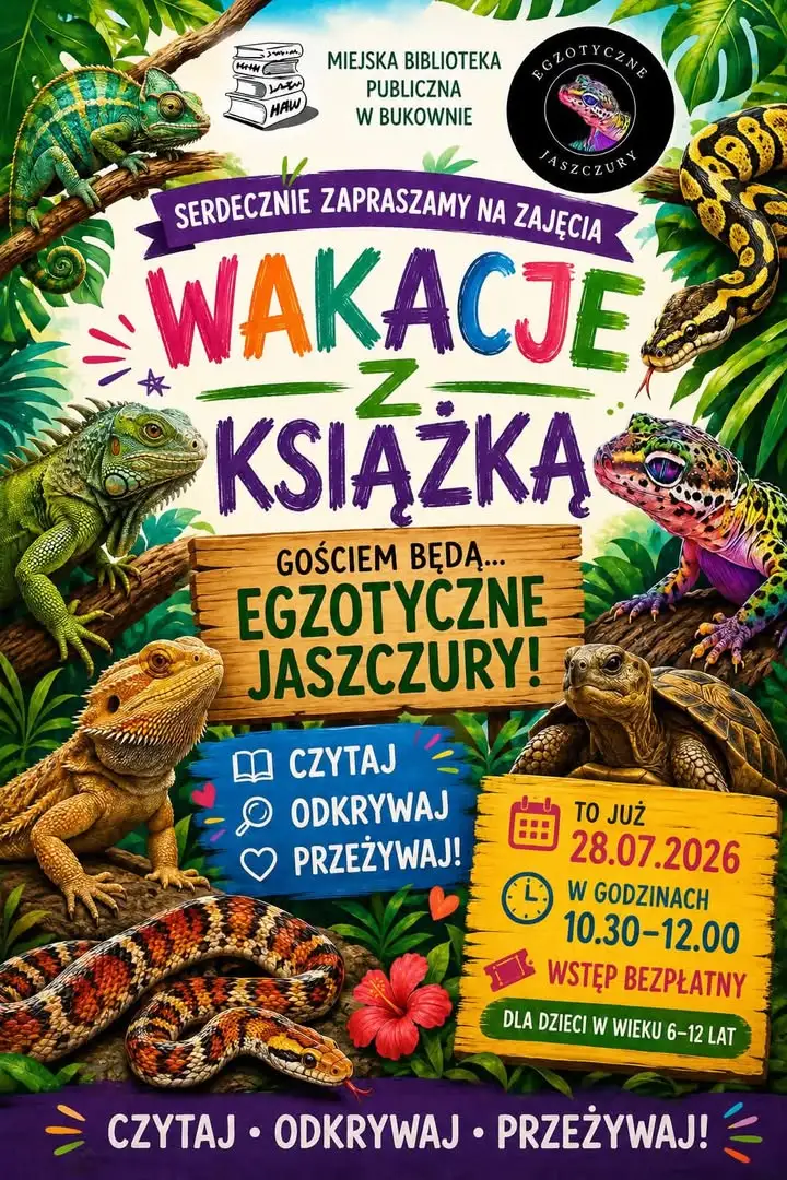 Wakacje z książką – spotkanie z egzotycznymi jaszczurami w bibliotece w Bukownie