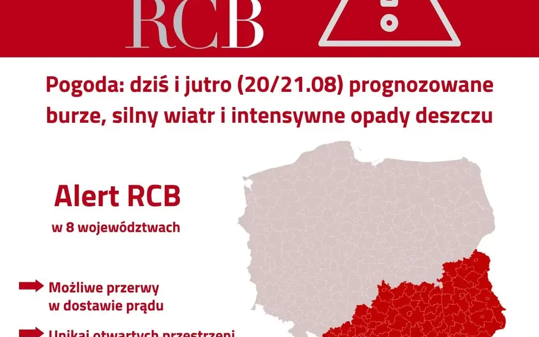 Alert RCB: Burze i silny wiatr w 7 województwach – sprawdź, czy dotyczy Twojej okolicy