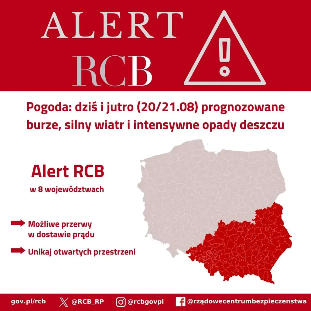 Alert RCB: Burze, silny wiatr i ulewy w 8 województwach – sprawdź, czy dotyczy Ciebie