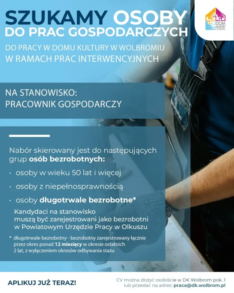 Dom Kultury w Wolbromiu zatrudni pracownika gospodarczego – oferta dla osób bezrobotnych