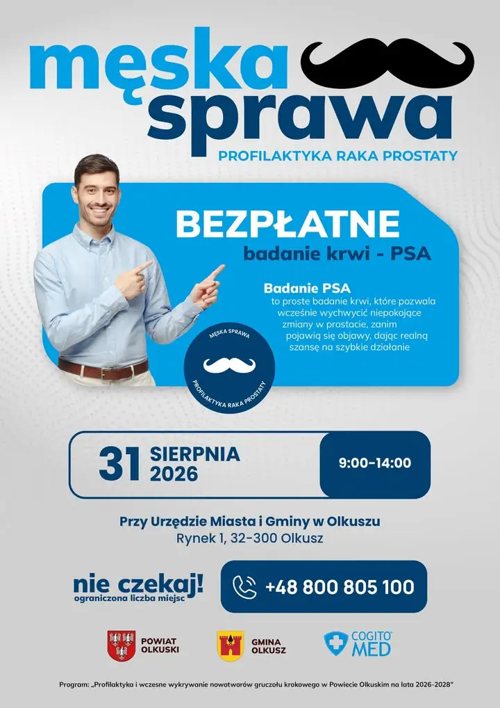 Bezpłatne badania PSA w Olkuszu – 31 sierpnia akcja profilaktyczna dla mężczyzn