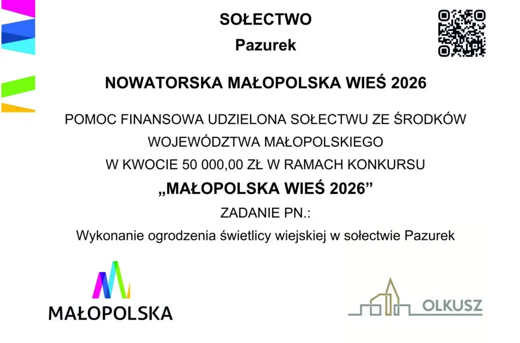 Gmina Olkusz pozyskała 50 tys. zł na ogrodzenie świetlicy w Pazurek