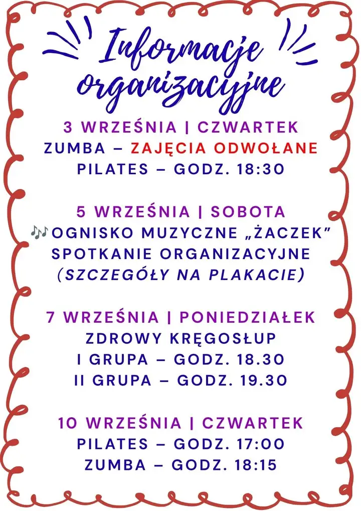 Zmiany w harmonogramie zajęć – Zumba, Pilates, Żaczek i Zdrowy Kręgosłup