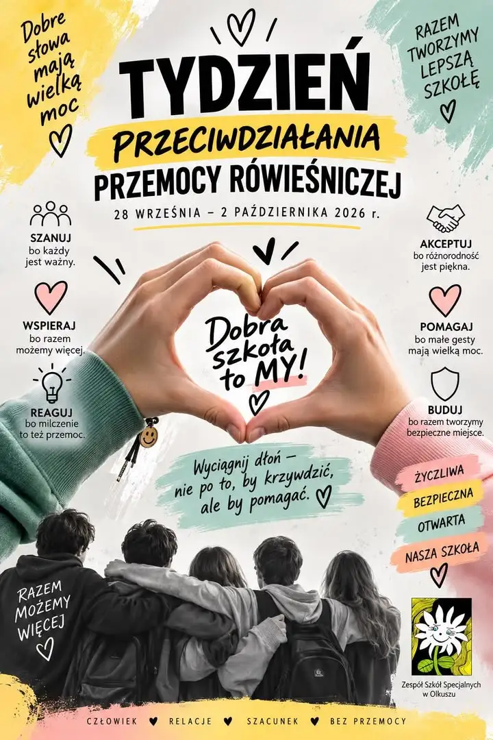 Tydzień Przeciwdziałania Przemocy Rówieśniczej – szkoła zaprasza do wspólnej akcji „Dłoń dobrych słów”