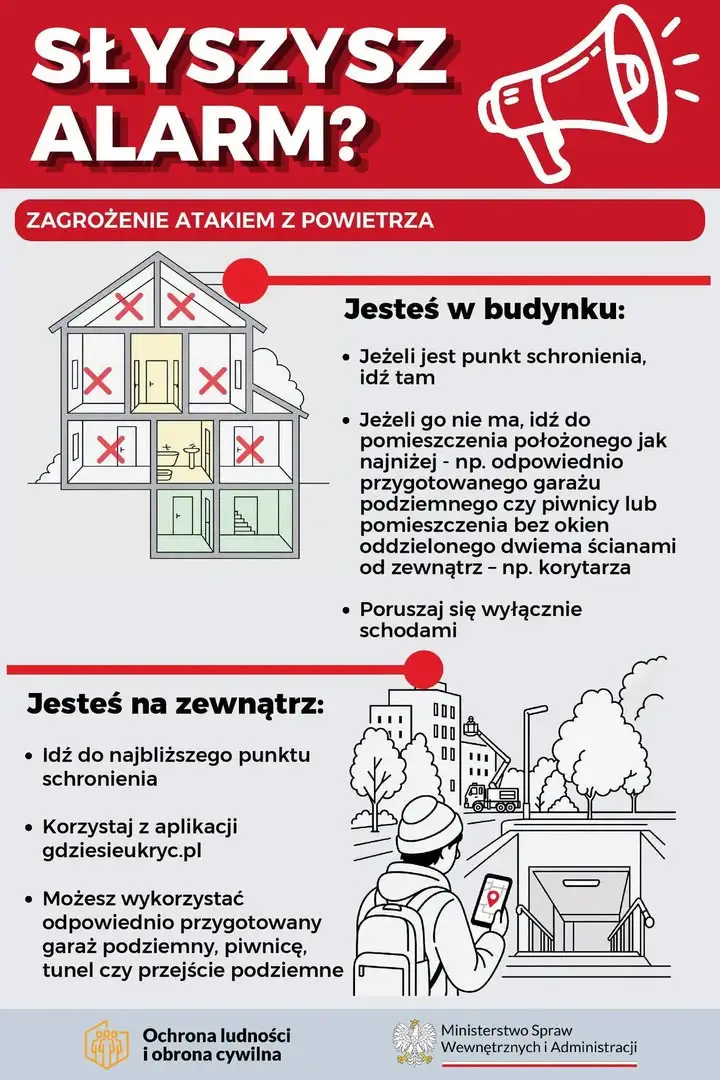 Jak zachować się podczas alarmu powietrznego? MSWiA publikuje instrukcję dla obywateli