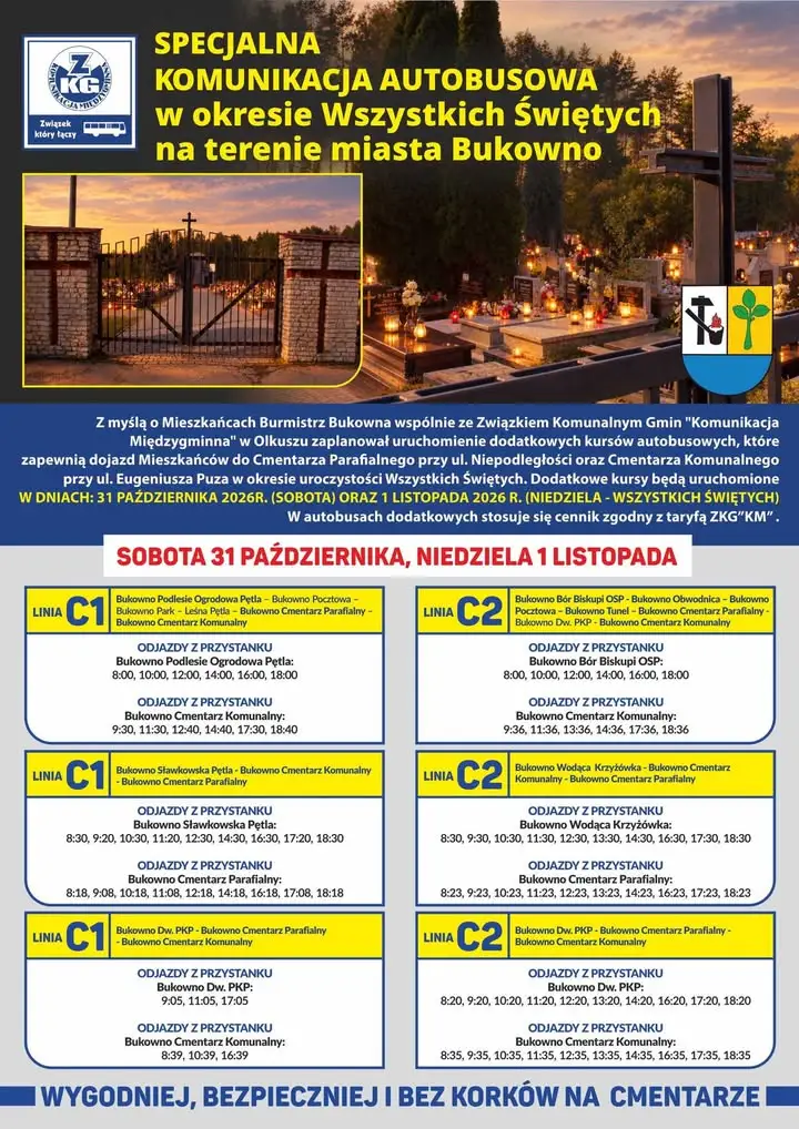 Dodatkowe autobusy na cmentarze w Bukownie na Wszystkich Świętych 2026